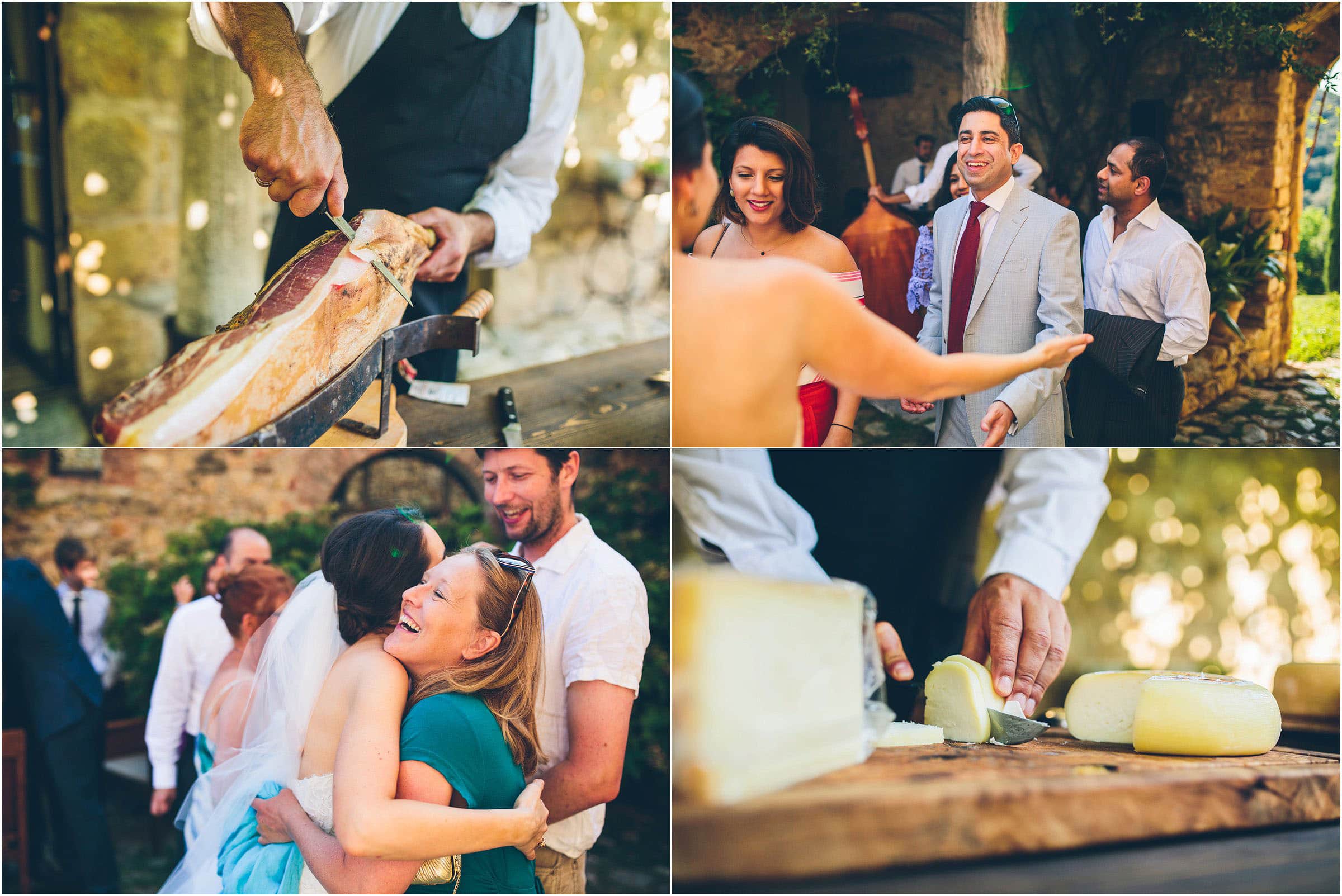 A photograph of wedding guests arriving at Castello di Vicarello in Tuscany to enjoy cured meets and cheese