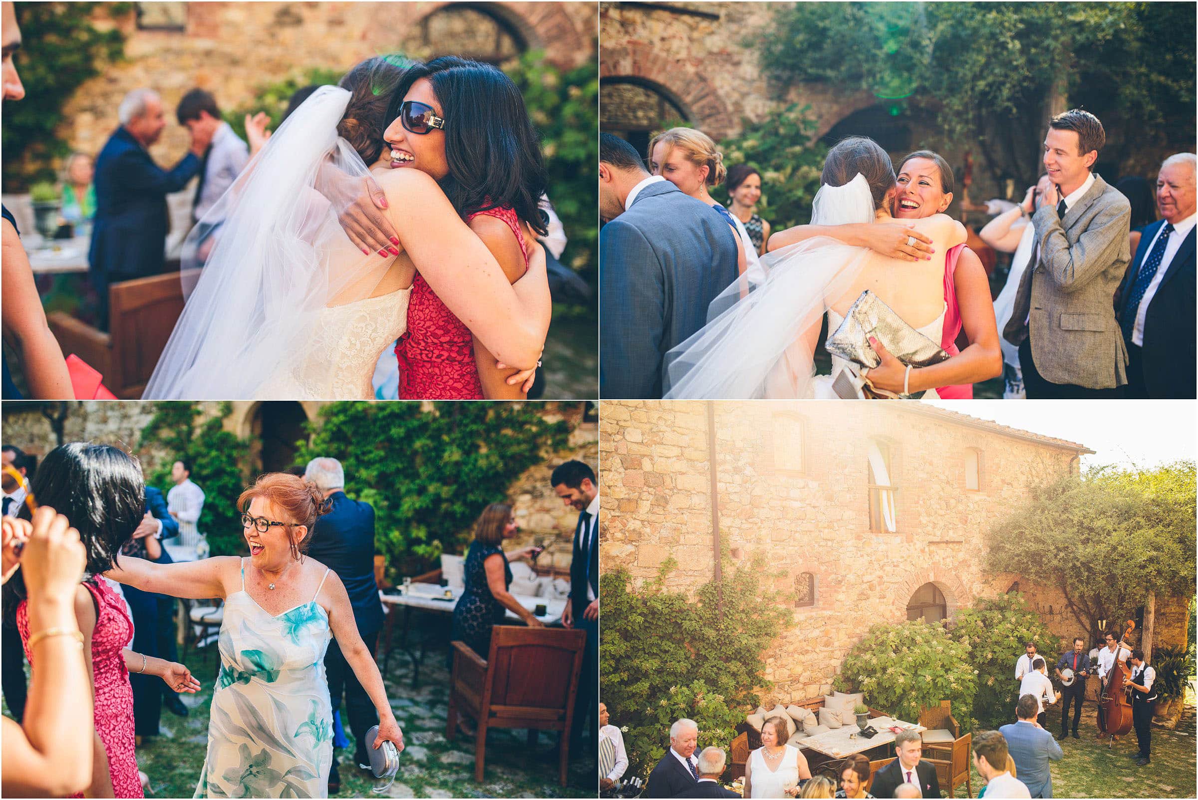 Wedding guests relaxing in the garden at Castello di Vicarello in Tuscany